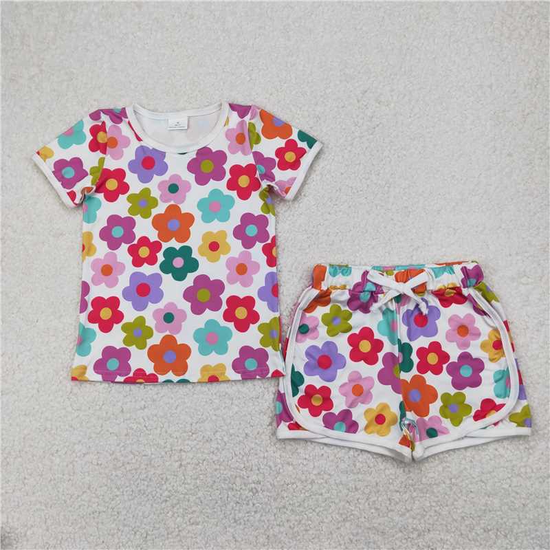 RTS Sibling baby girl clothes floral smiley Short Sleeve Shorts sets