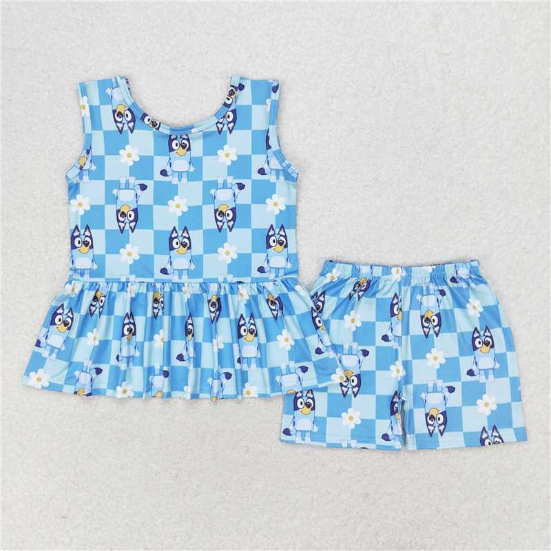 RTS NO MOQ GSSO1248Floral blue plaid sleeveless shorts set