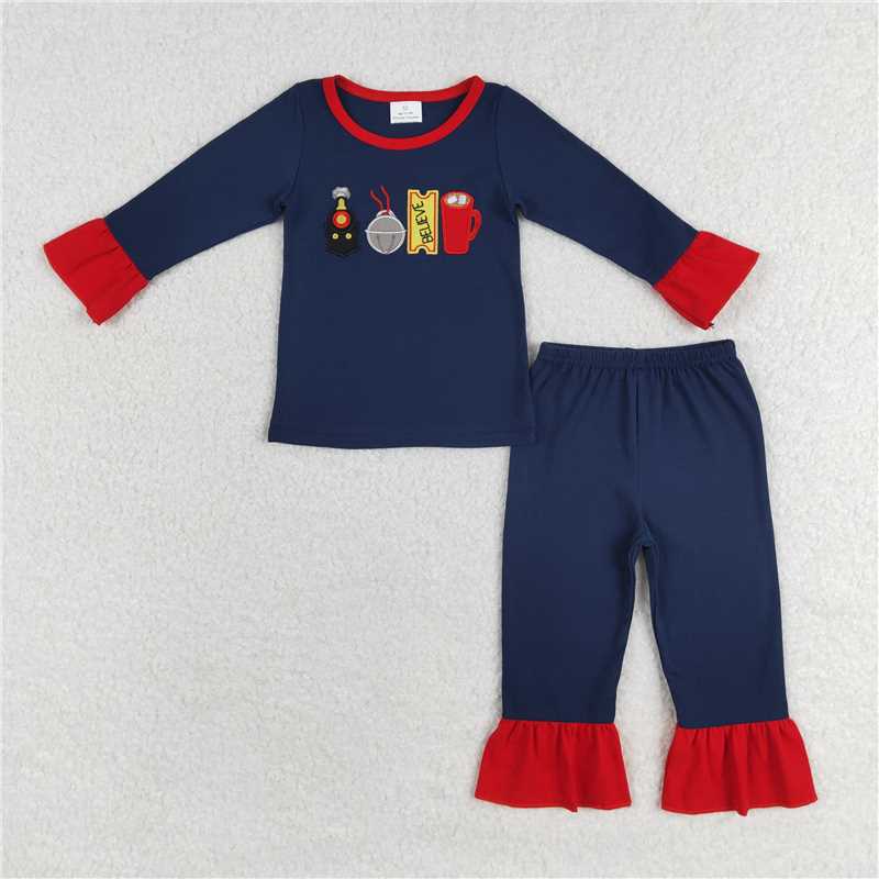 RTS NO MOQ GLP1281 believe embroidered bell lace navy blue long-sleeved trousers pajamas set