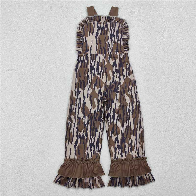 NEW RTS NO MOQ milk silk GT0799+SR1989 Baby Girls Camo Print Ruffle Overalls And Solid Brown Long Sleeve Top Set