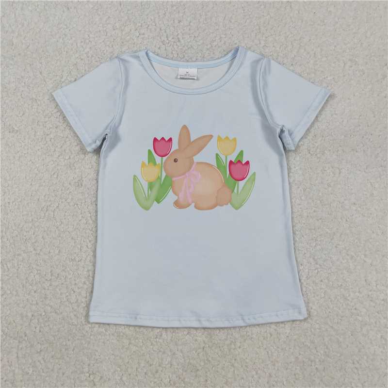 SALES NEW Baby Girls Blue Easter T-shirt Short Sleeve Flowers Rabbits Design Top for Spring Season
