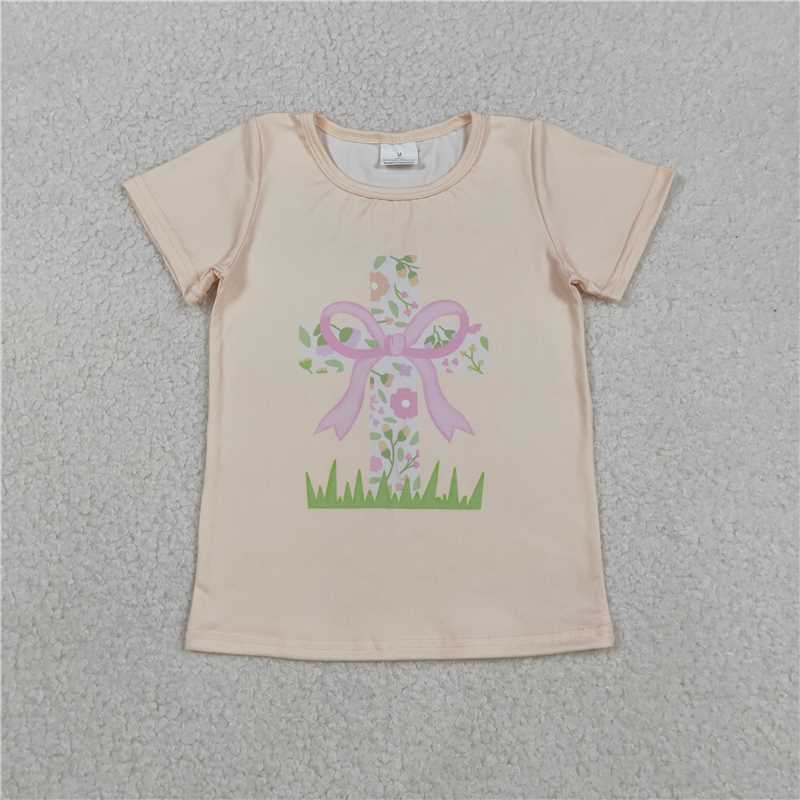 SALES NEW Baby Girls Short Sleeve T-shirt Easter Themed Cross Design Top with Flowers for Little Girls