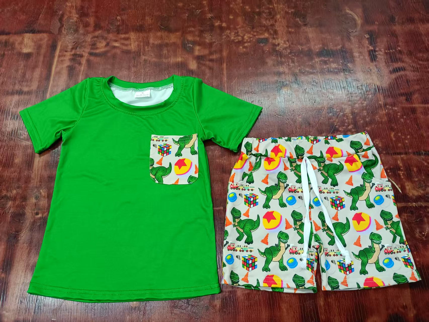 Custom moq 3 eta 6-7weeks baby boys clothes dinosaur green short Sleeve shorts sets-25.5.8