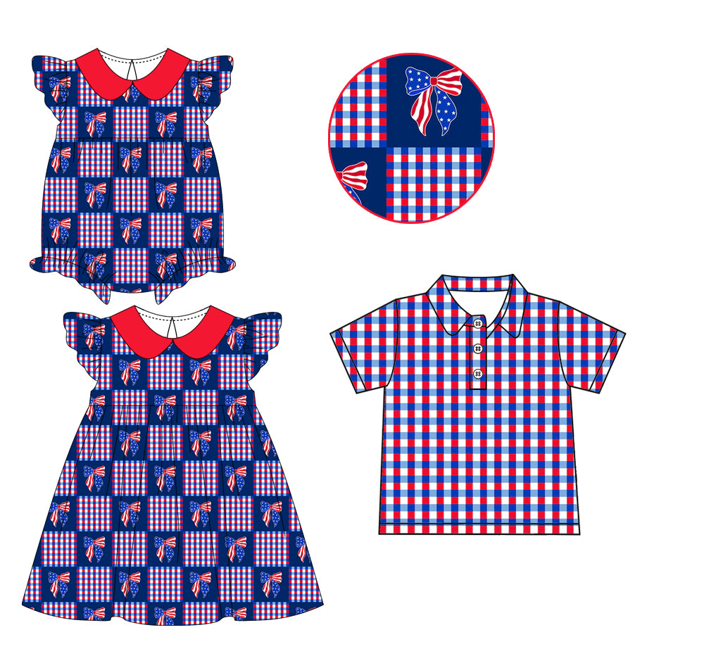 3.10 Custom moq 5 mix size Sibling Baby Boy 4th of July Short-Sleeved Plaid Polo Shirt Cute Romper Dress for Summer