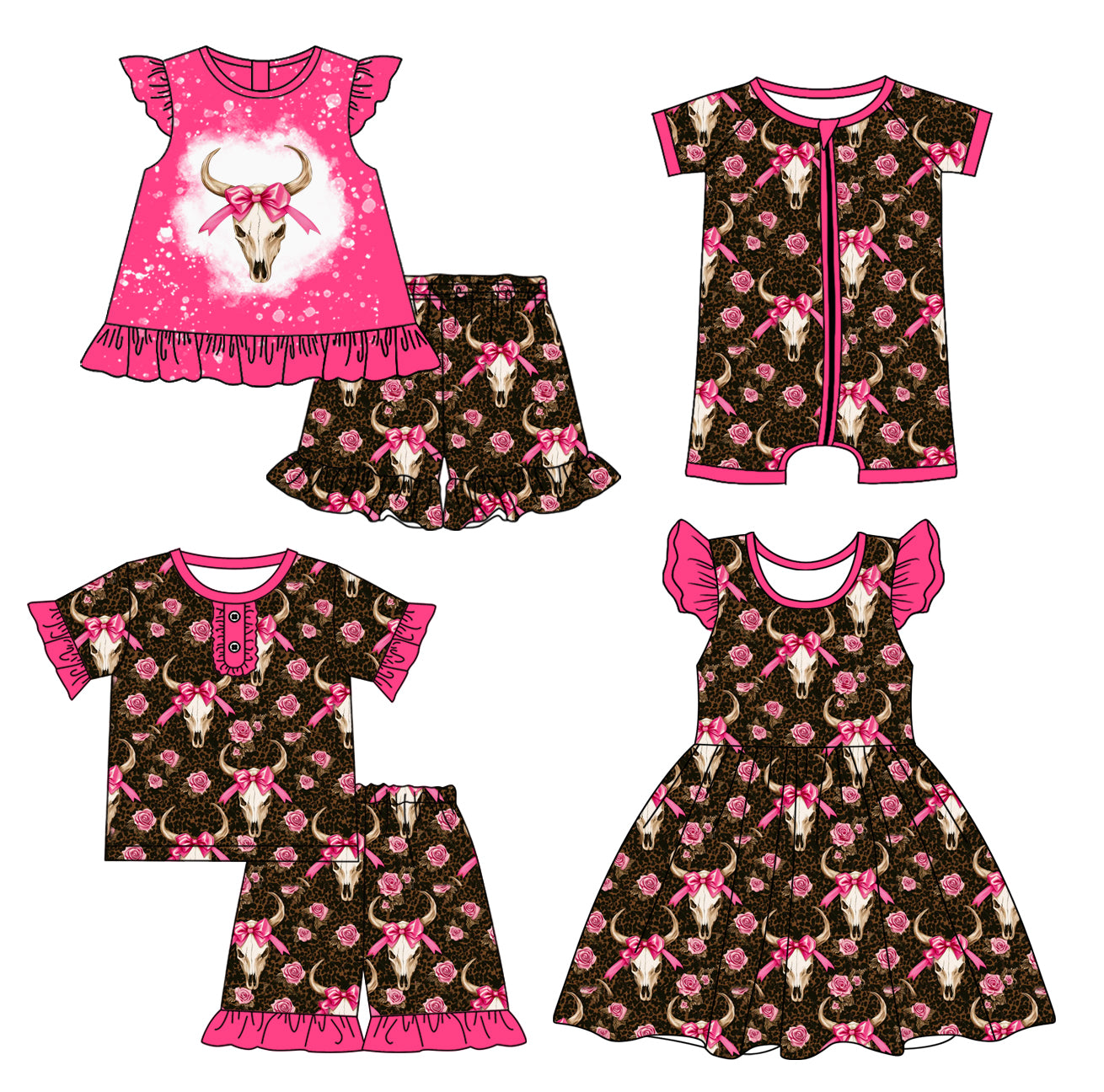 2.25 custom each style moq 5eta 4-6week Sibling Sister cow head bow floral baby girl short sleeve shorts sets and sets 2 and boy romper and dress match design