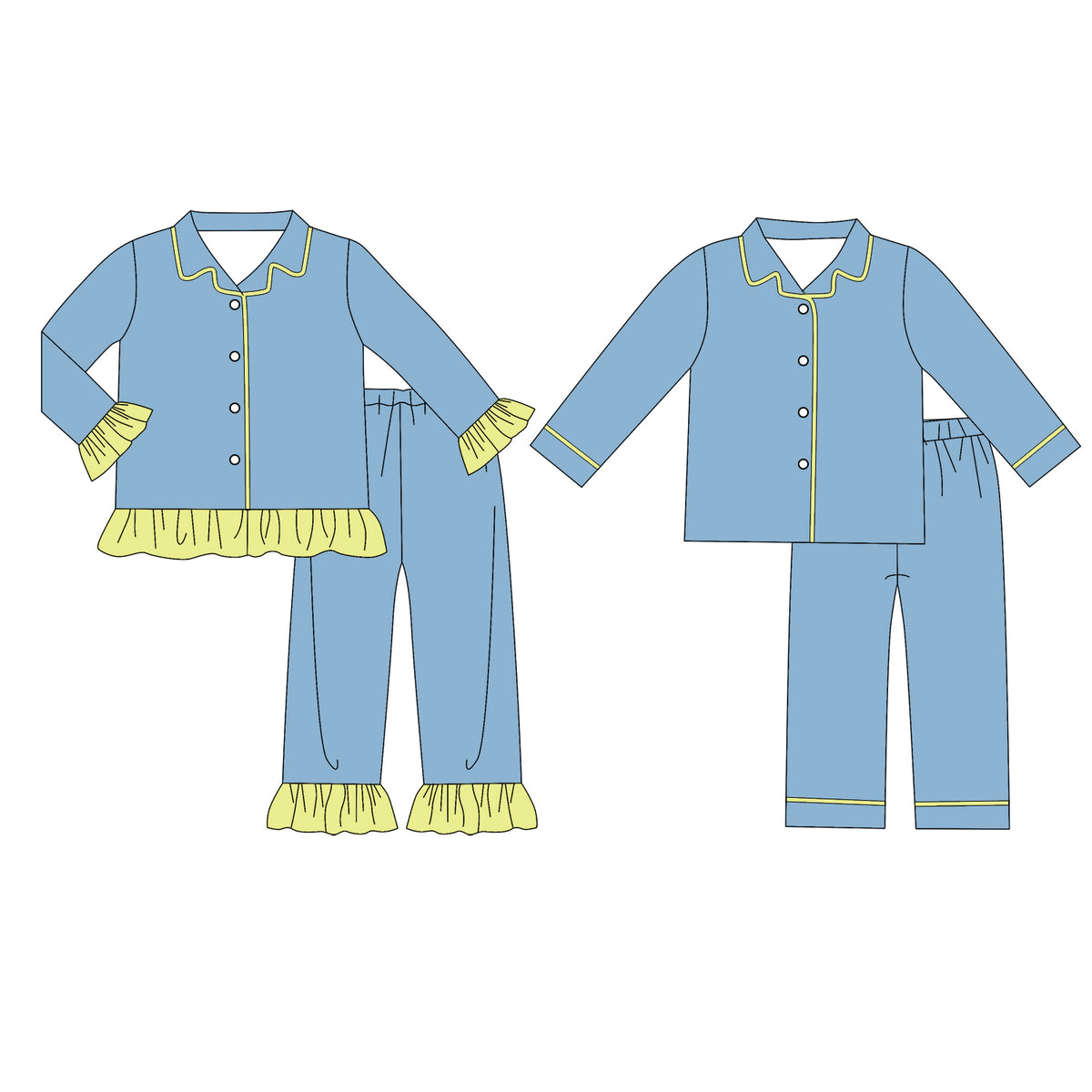 custom moq 5 mix size Baby Boys And Girls Light Blue Collared Button Down Long Sleeve Top Pant Pajama Set Yellow Ruffle Trim Sleepwear