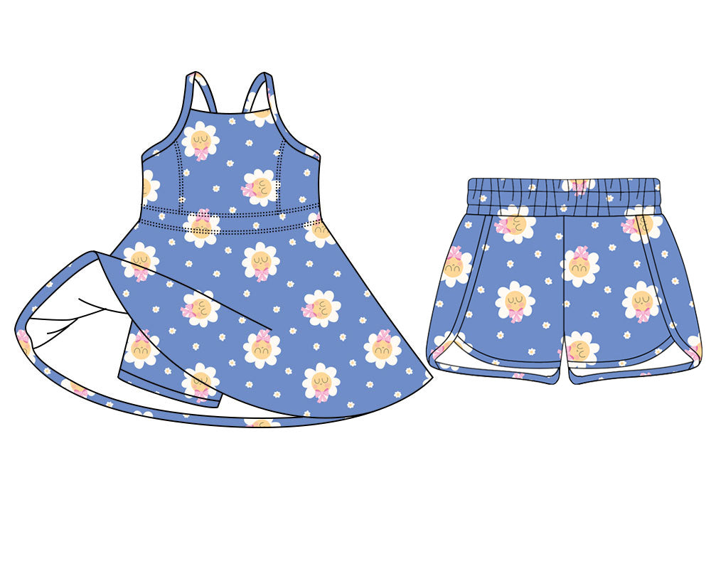 Custom moq 5 mix size Sibling Baby Girl's Blue Floral Print Sleeveless Dress And Shorts Yoga Outfit