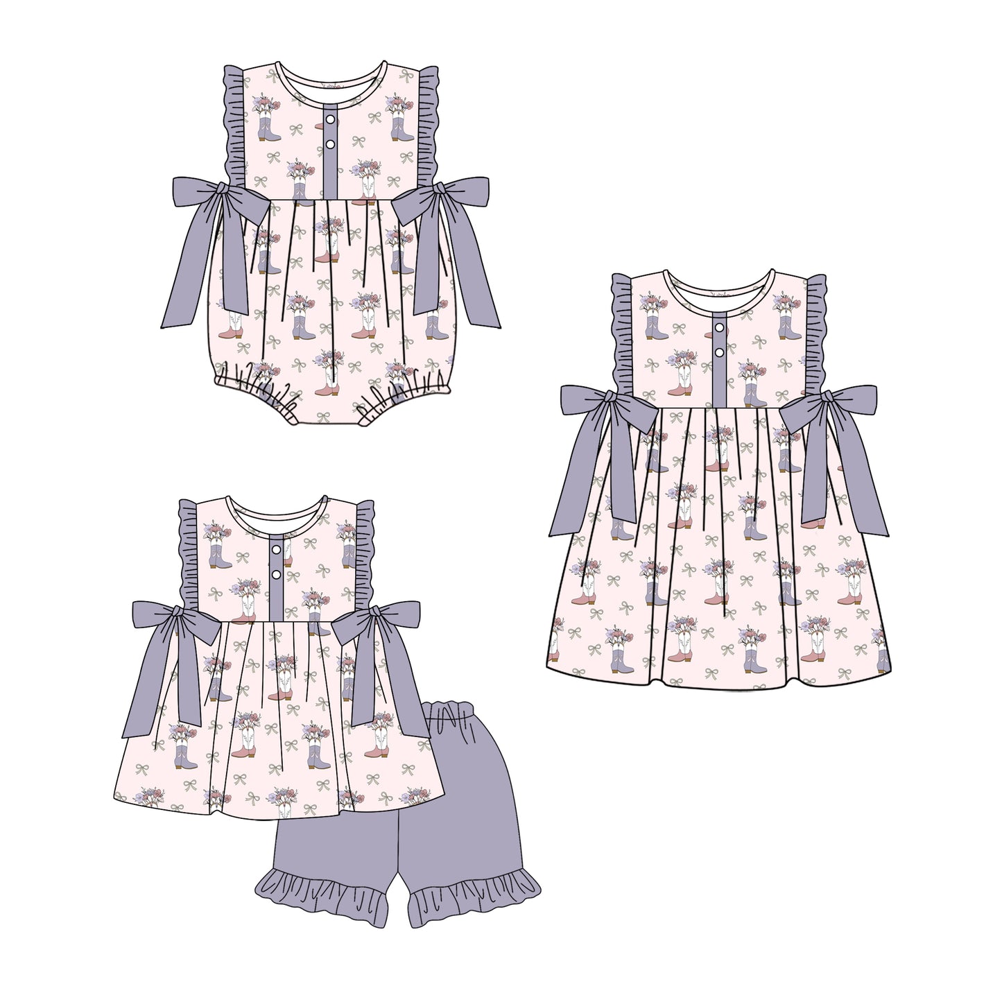 3.6 Custom moq 5 mix size Sibling Baby Girl's Purple Sleeveless Top With Bow And Short Set Matching Romper Dress for Summer