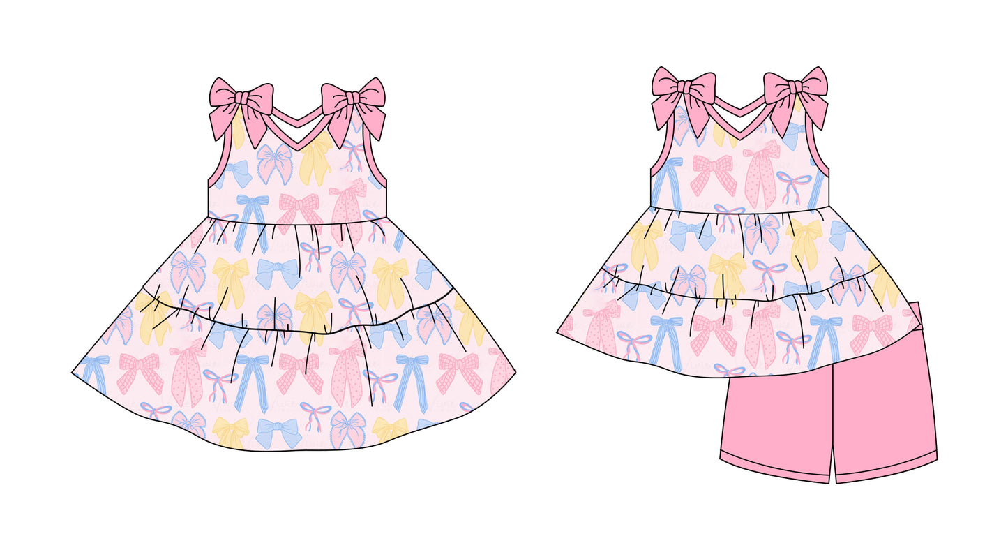2.27 custom each style moq 5eta 4-6week Sibling Sister bow baby girl short sleeve shorts sets and dresses match design