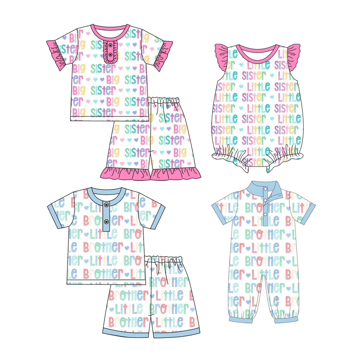25.12.8 custom each style moq 5 eta 6-8week Sibling Sister Little Sister baby short sleeve shorts sets 2 and romper 2 match design