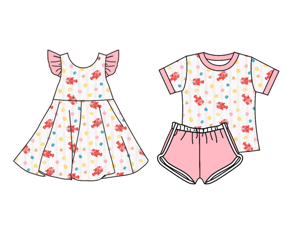 25.11.11 custom each style moq 5 eta 6-8week Sibling Sister lobster baby short sleeve shorts sets and dress match design