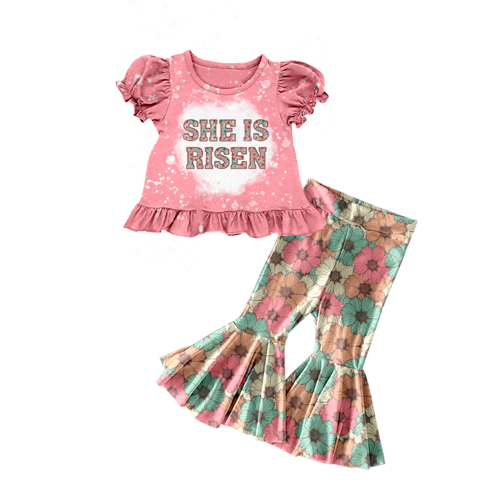 10.1 custom each style moq 5eta 4-6week baby girls clothes SHE IS RISEN pink short sleeve pants sets