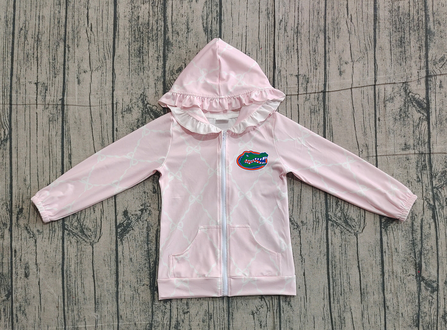 Custom moq 5 mix size milk silk baby girls clothes team summer lace bow pink zipper hooded long sleeve top-25.11.22
