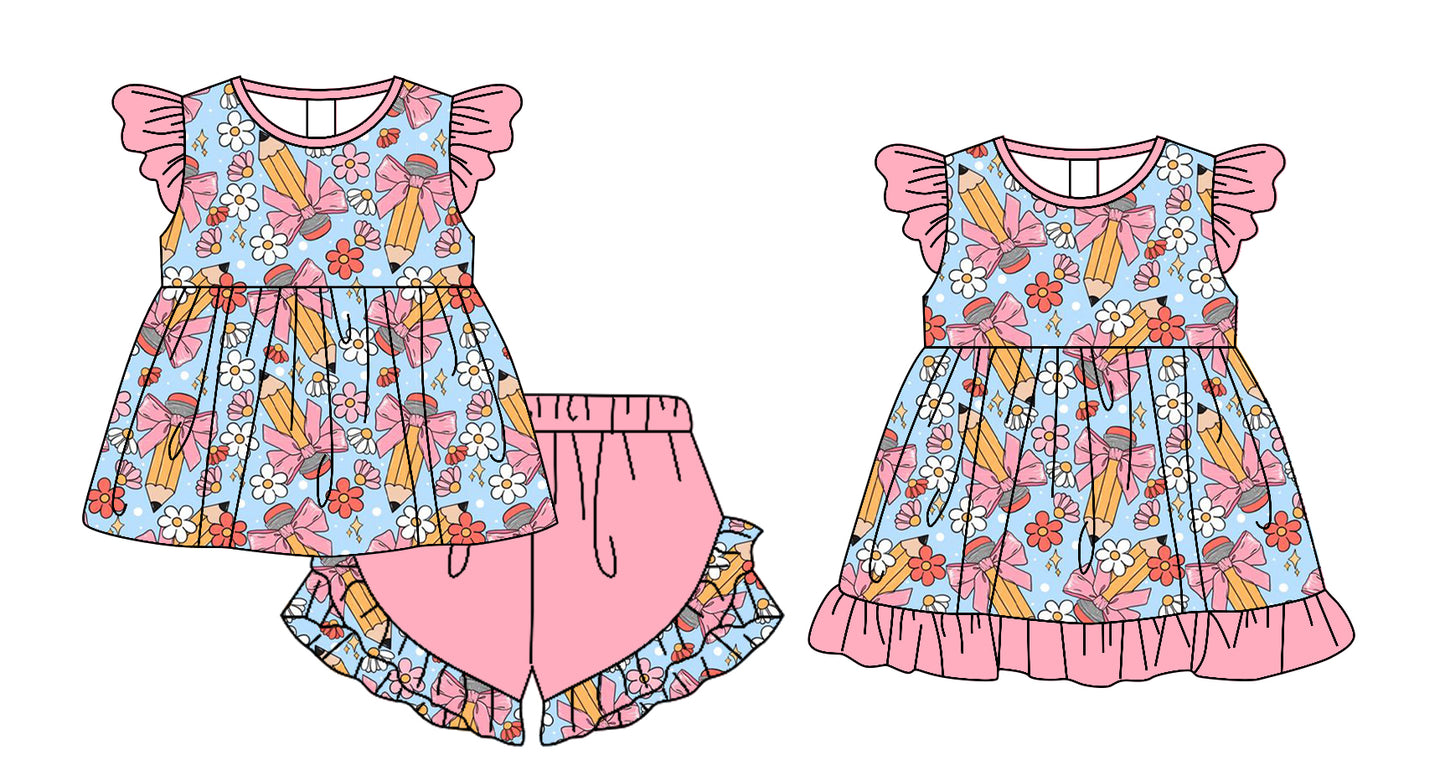 25.12.23 custom each style moq 5 eta 6-8week Sibling Sister pencil bow floral baby short sleeve shorts sets and dress match design