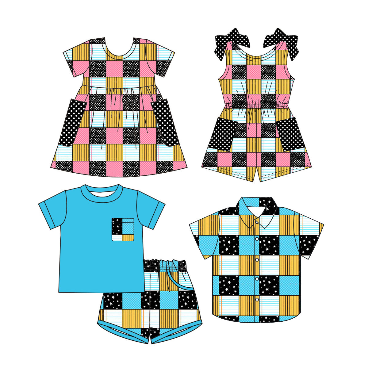 3.28 Custom moq 5 mix size Sibling Baby Boys Checked Short Sleeve Top And Shorts Set Short-Sleeve Button-Down Shirt Girls Dress Jumpsuits