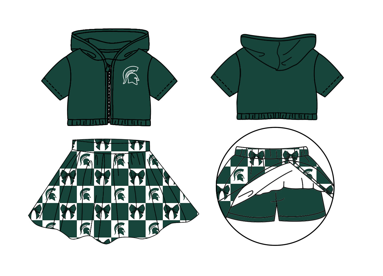 Custom moq 3 or 5 mix size milk silk summer teams baby girl clothes bow dark green zipper hooded short sleeve shorts skirts sets-26.1.21
