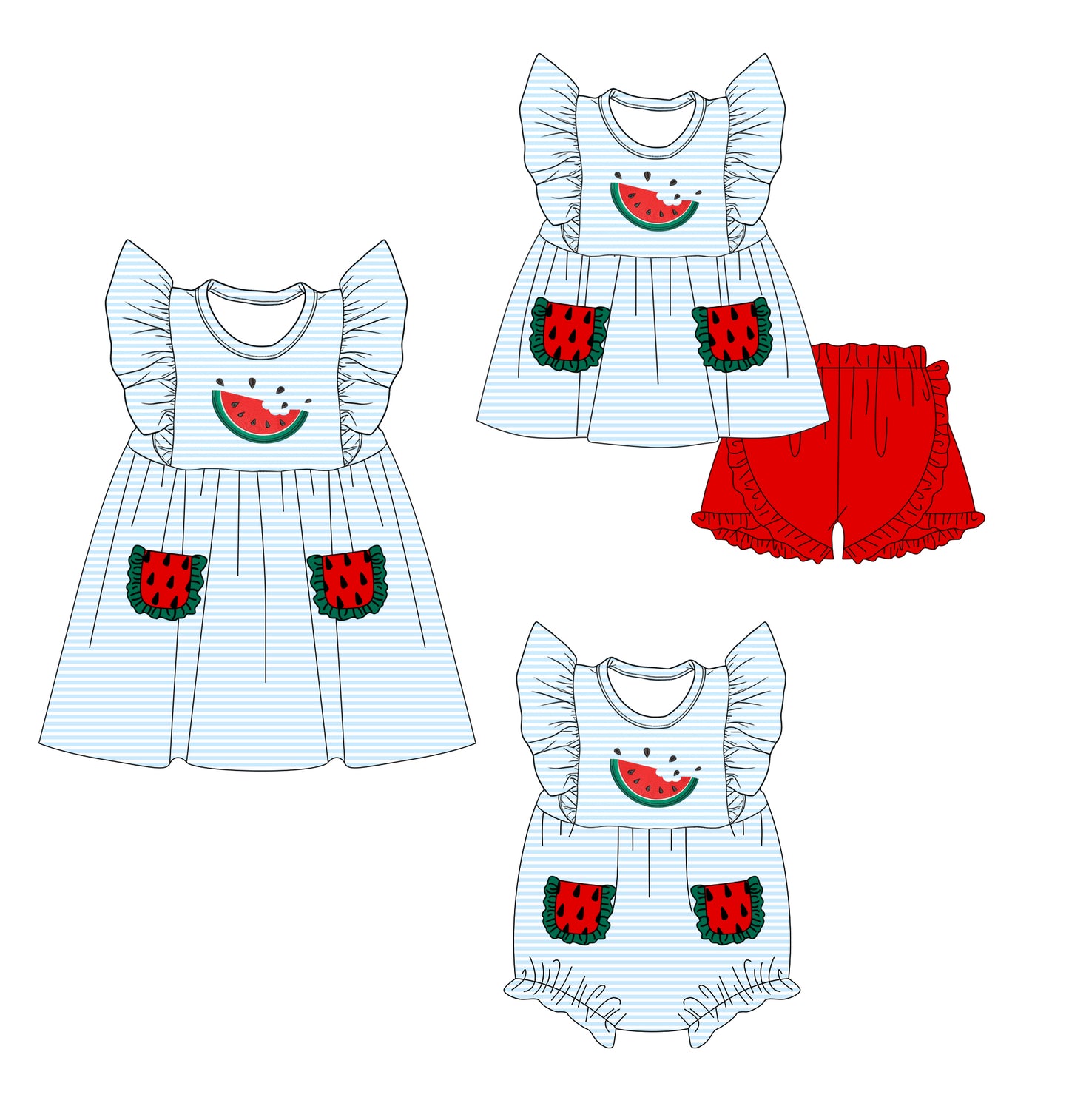 3.23 Custom moq 5 mix size Sibling Baby Girl's Stripe Flutter Sleeve Tunic Red Ruffle Shorts Set Cute Romper Dress for Summer