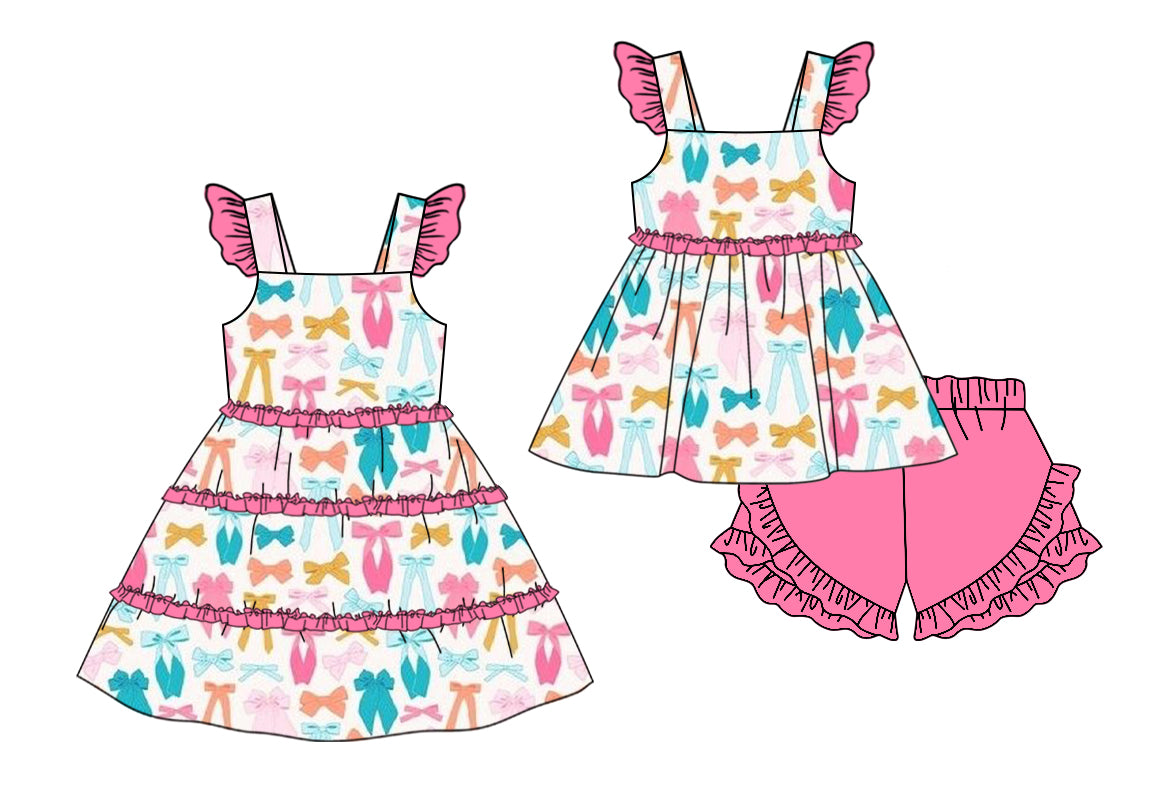 11.13 custom each style moq 5eta 4-6week Sibling Sister bow baby girl short sleeve shorts sets and dresses match design