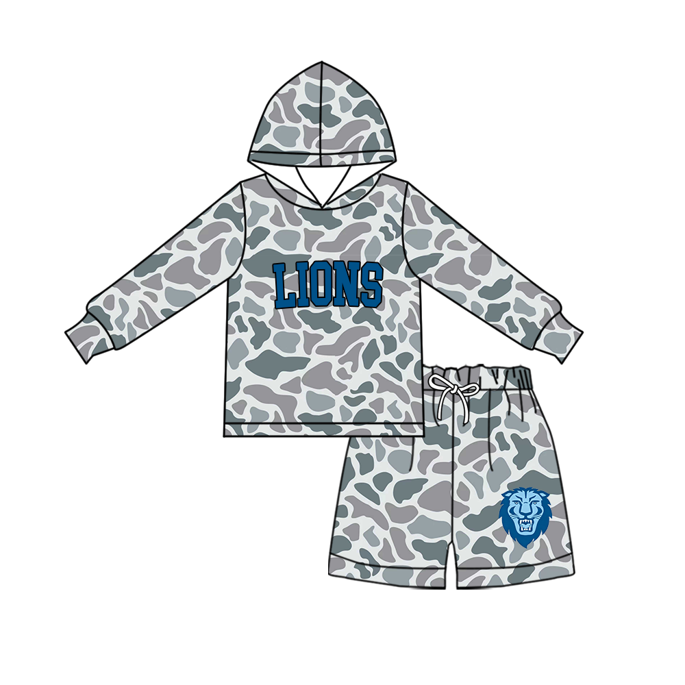custom moq 5 mix size MSD072405 Baby Kids Grey Camo Long Sleeve Hoodie Top Camo Shorts Team Set