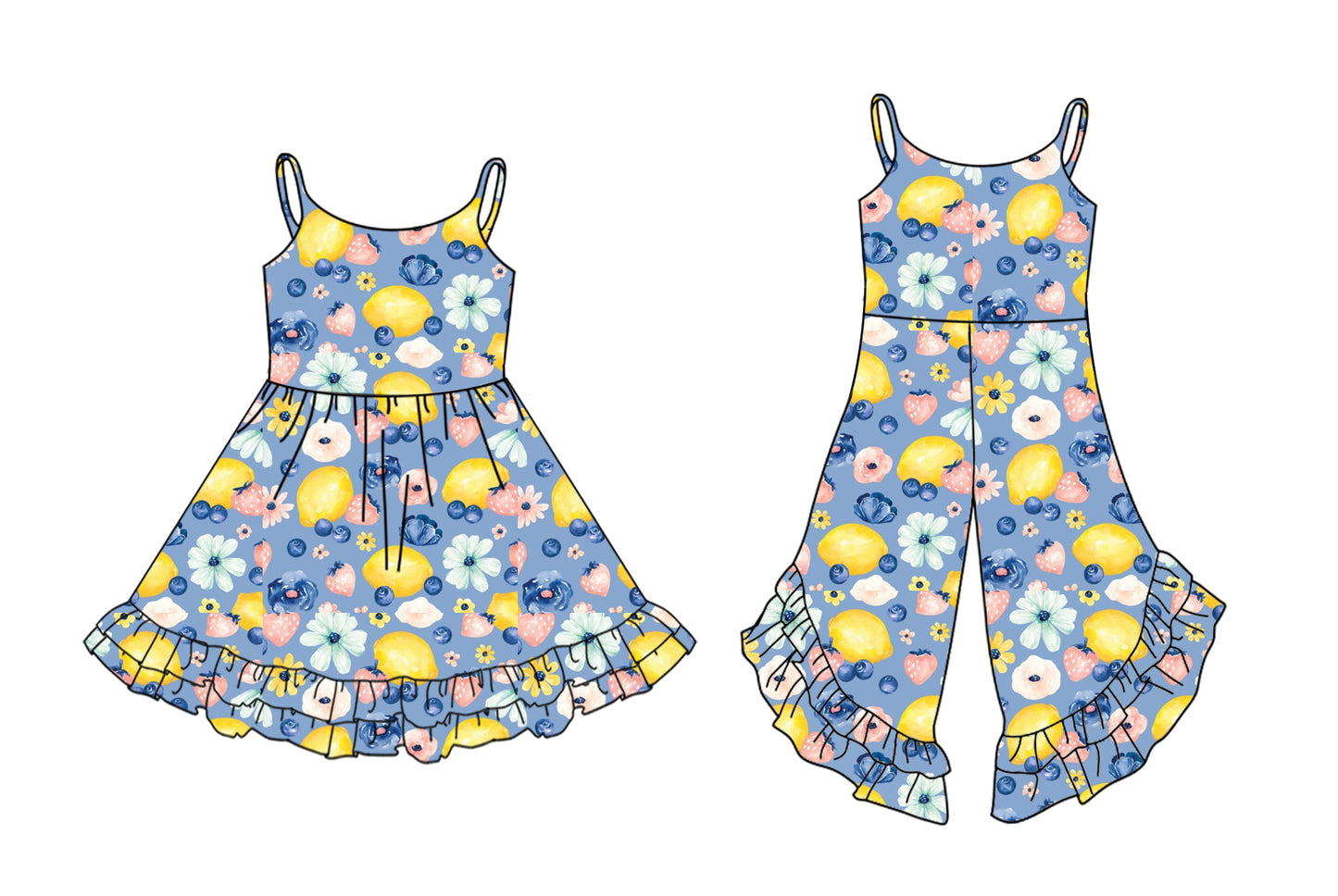 3.1 custom each style moq 5eta 4-6week Sibling Sister lemon floral baby girl dress and jumpsuit match family design