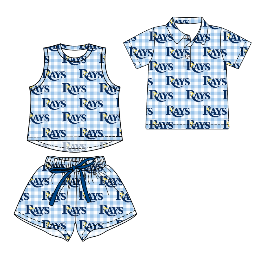 Custom moq 5 mix size milk silk summer teams Checked Girls Blue Sleeveless Top And Short Sets Boys Short Sleeve Button Polo Shirt Top