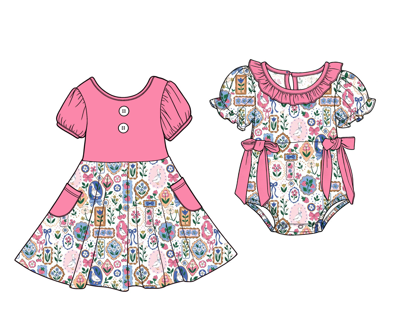 Custom moq 5 mix size Sibling Baby Girl's Short-Sleeved Dress with Pockets And Bow Detail Romper for Little Girls Cute Outfit