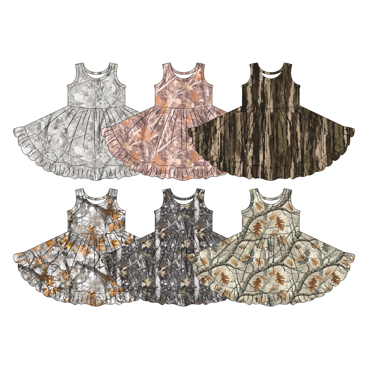 Custom moq 5 mix size Sibling Baby Girl's Leaf Camouflage Sleeveless Knee-Length Yoga Dress for Kids