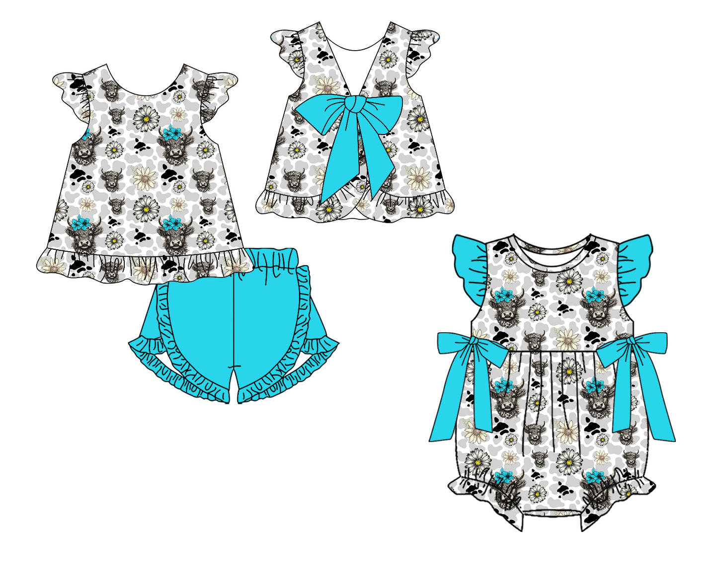 Custom moq 5 mix size Sibling Baby Girl cow Print Romper Set Sleeveless Top And Shorts Outfit for Spring/Summer