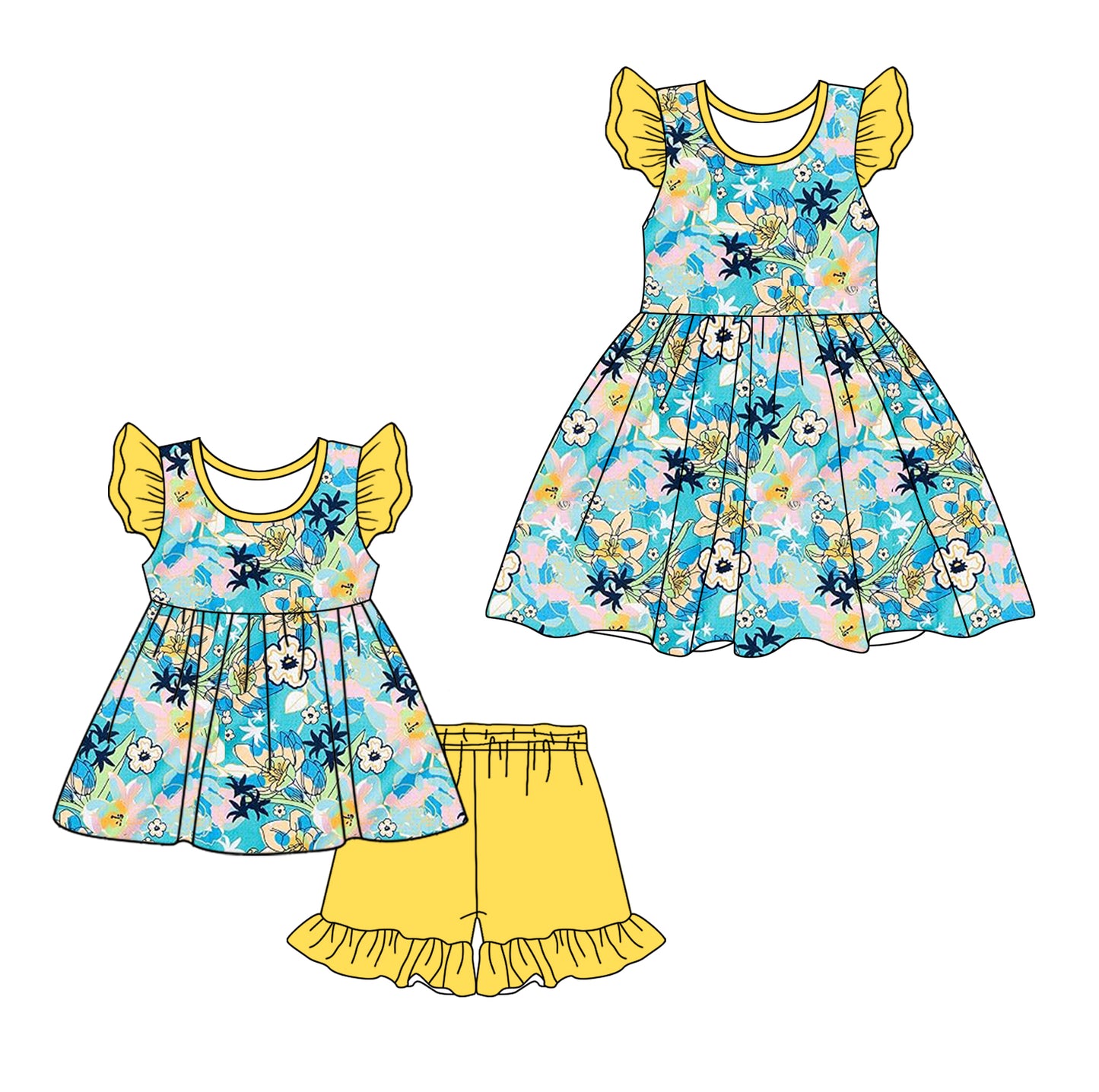 12.11 custom each style moq 5eta 4-6week Sibling Sister floral baby girl short sleeve shorts sets and dresses match design