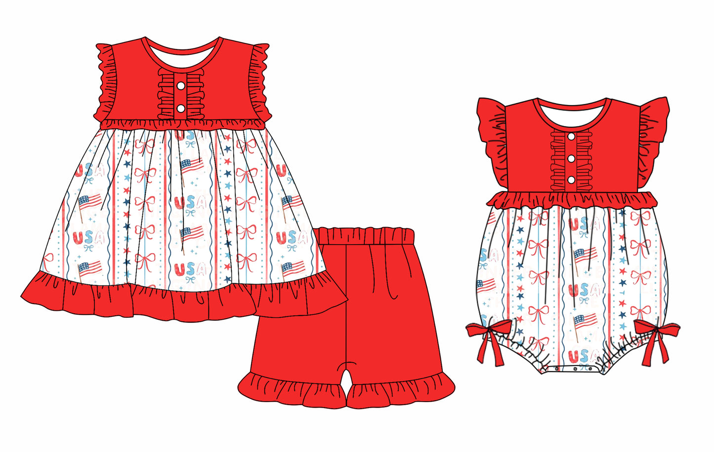 Custom moq 5 mix size Sibling Baby Girl's Red 4th of July Sleeveless Top And Shorts Set Cute Romper for Summer
