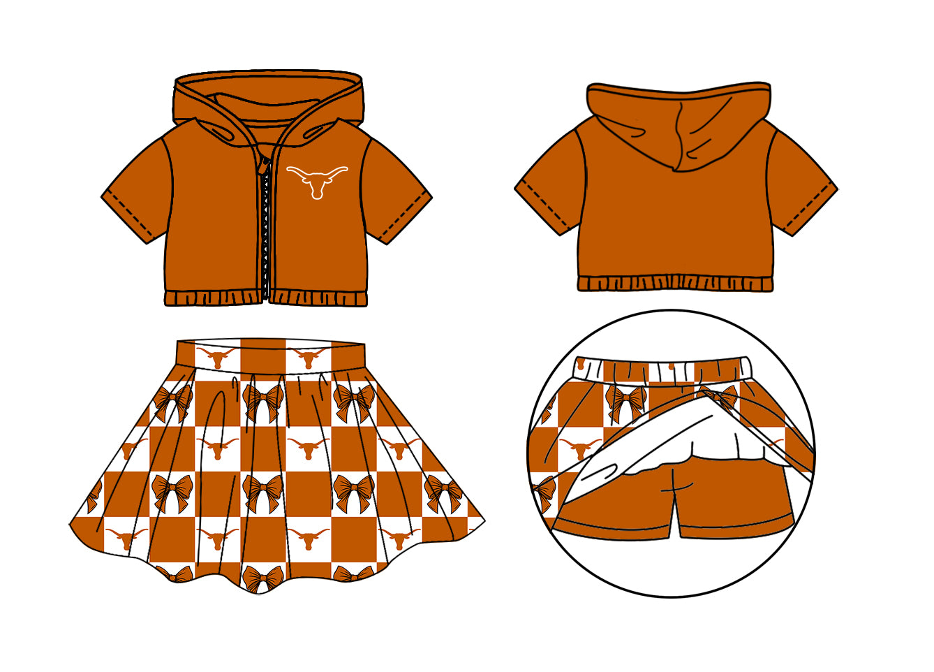 Custom moq 3 or 5 mix size milk silk summer teams baby girl clothes bow zipper hooded short sleeve shorts skirts sets-26.1.26