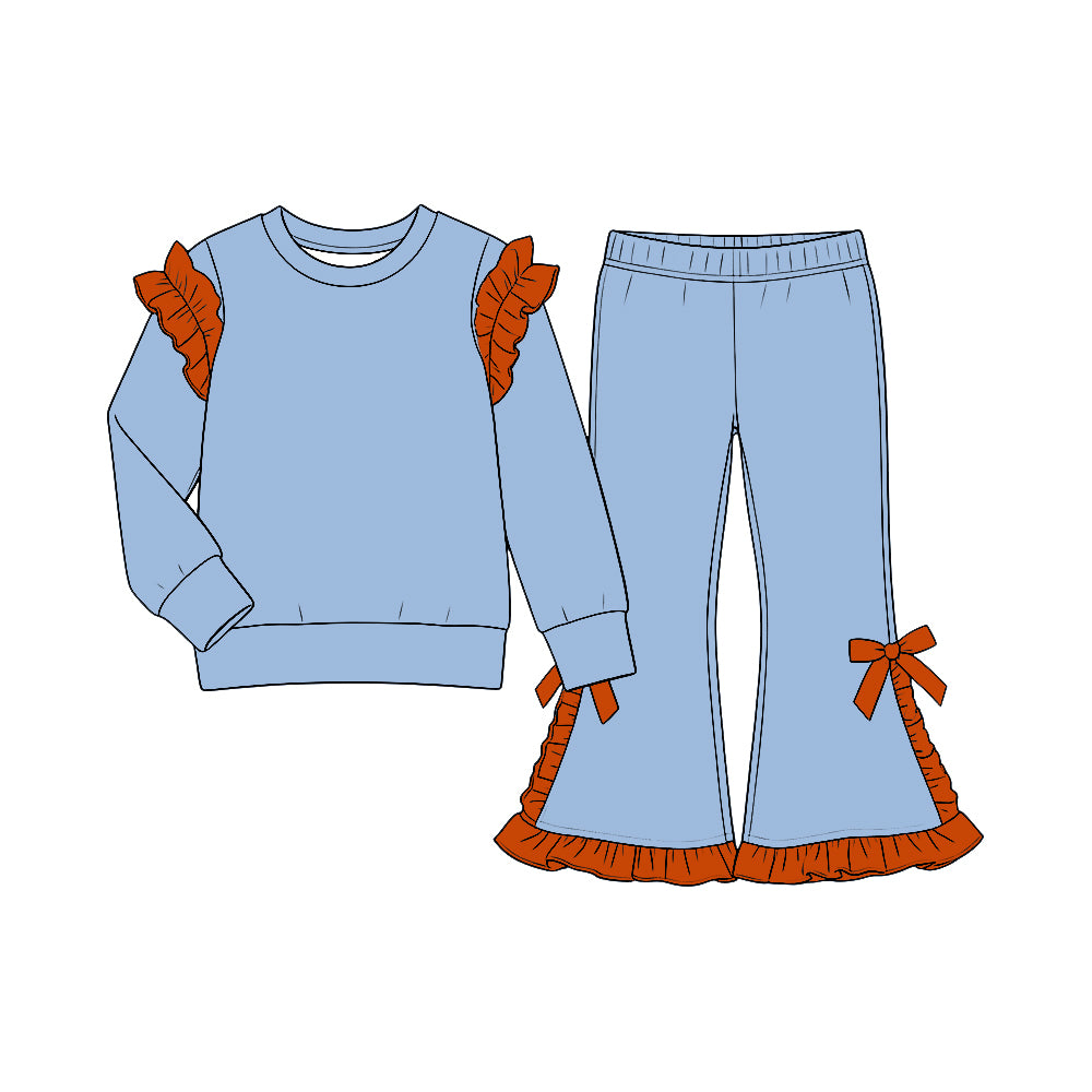 custom moq 5 mix size Baby Girls Light Blue and Rust Solid Ruffle Shoulder Sweatshirt And Ruffle Hem Bow Flare Pant Set