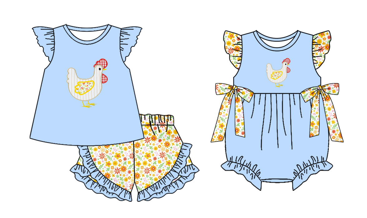 25.11.20 custom each style moq 5 eta 6-8 week Sibling Sister hen floral baby girl short sleeve shorts sets and rompers match family design