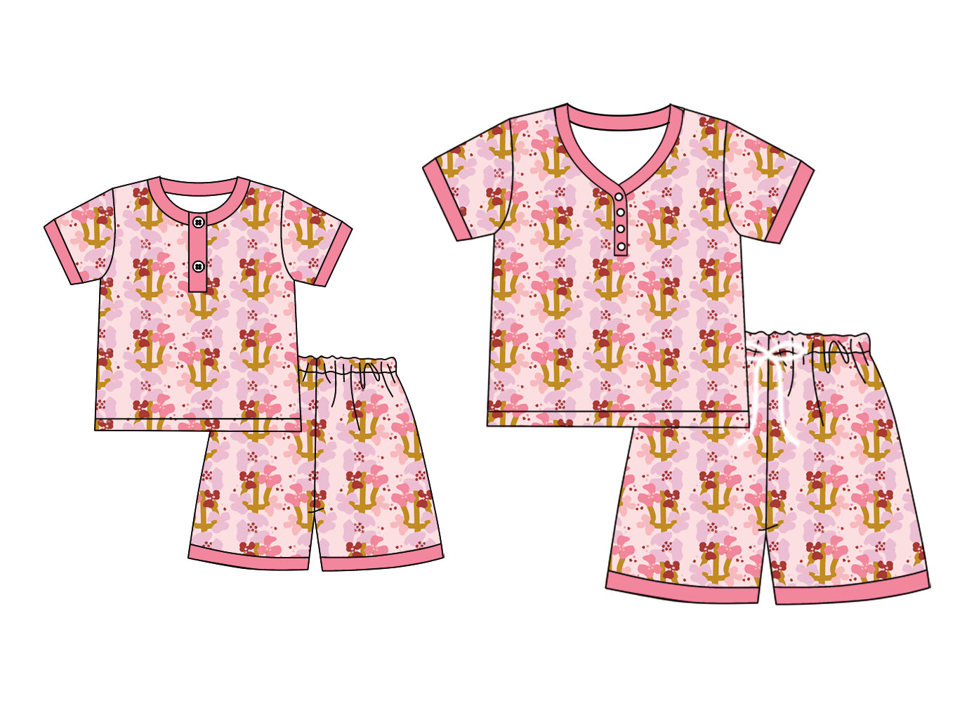 4.25 custom each style moq 5eta 4-6week Sibling Sister floral short sleeve shorts sets and adult sets match design