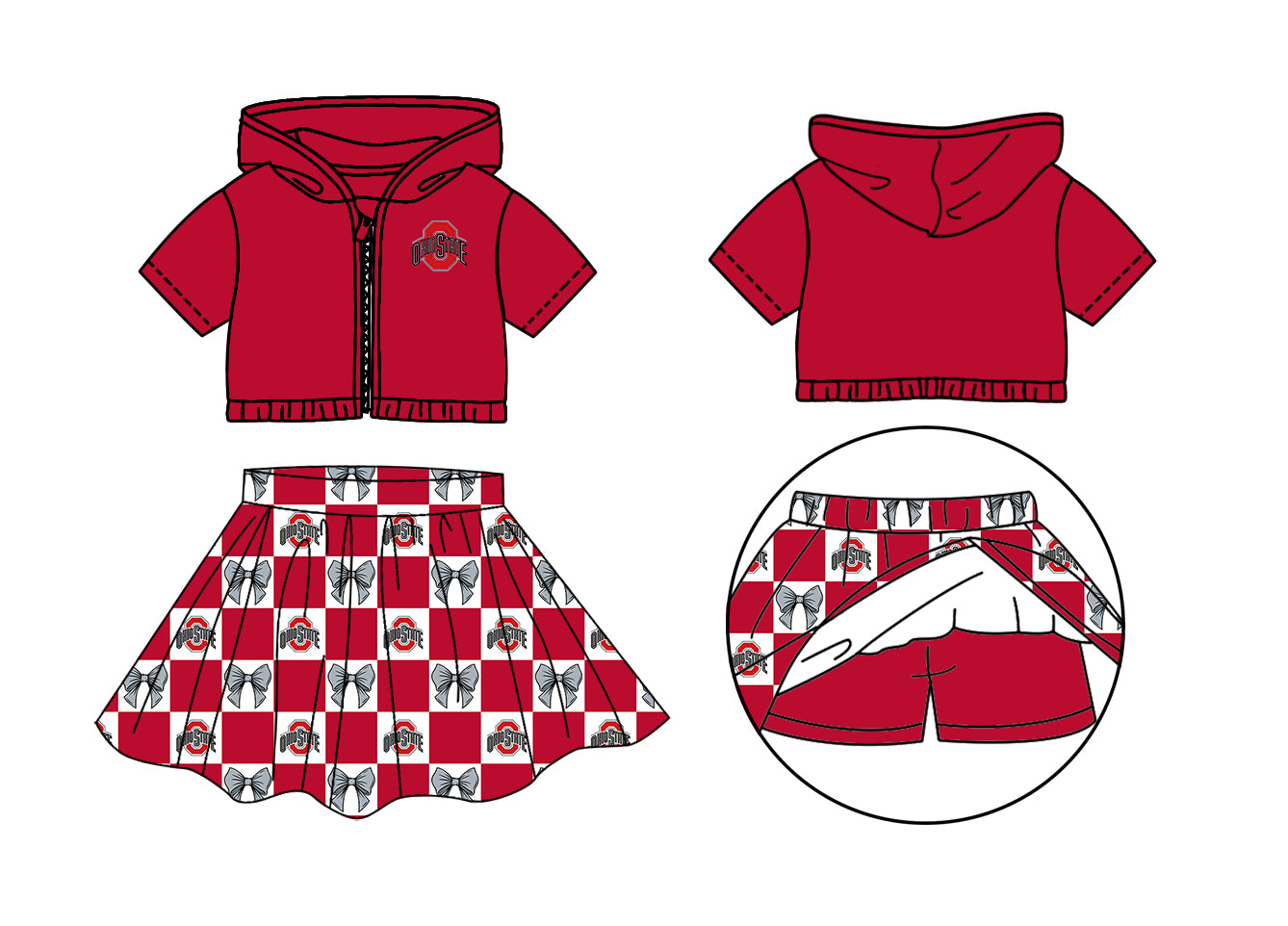 Custom moq 3 or 5 mix size milk silk summer teams baby girl clothes bow red zipper hooded short sleeve shorts skirts sets-26.1.22