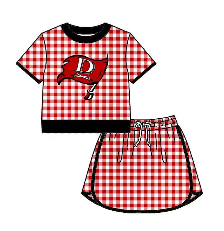 Custom moq 5 mix size milk silk summer teams Baby Girls Red Plaid Short Sleeve Top Skirt Two Piece Set