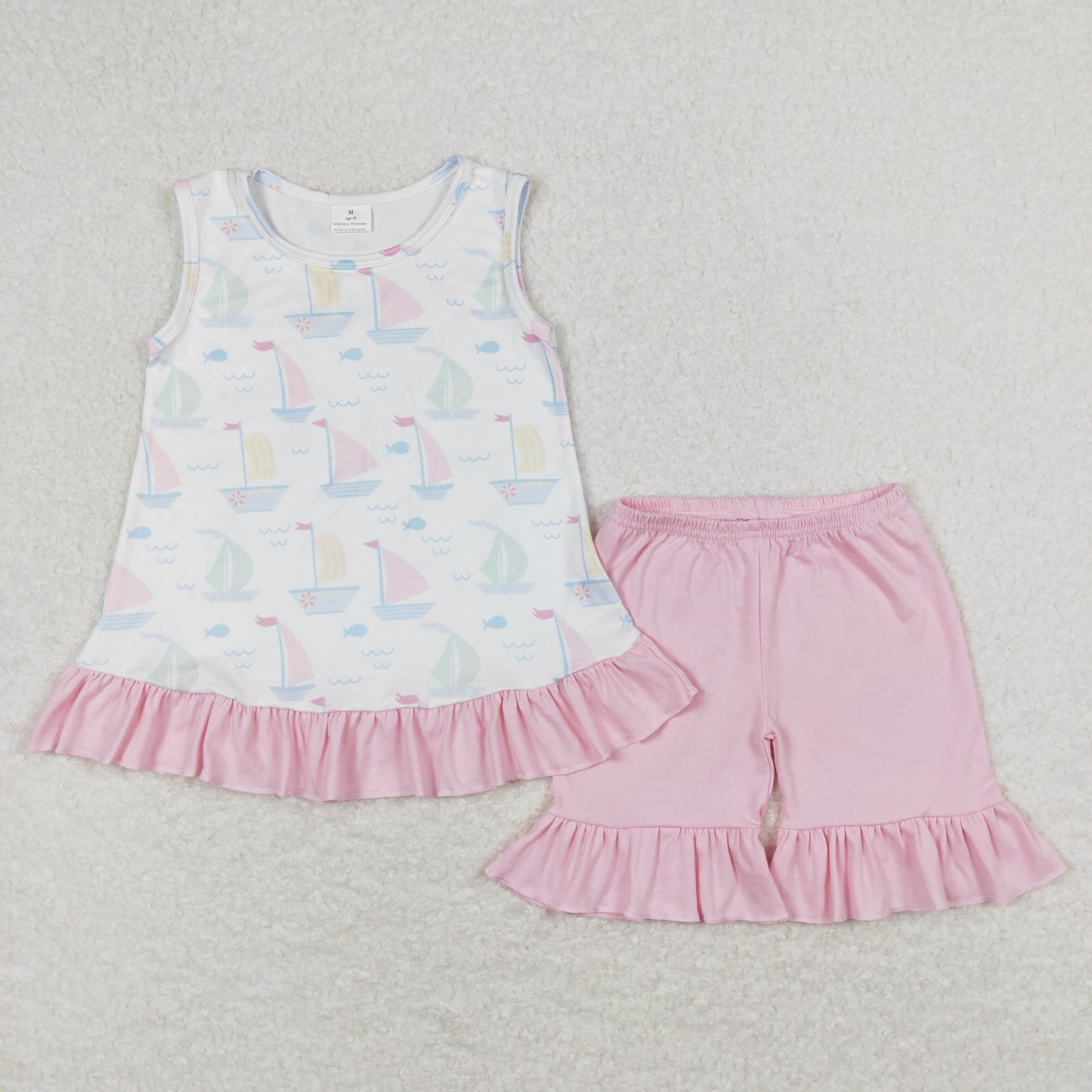 RTS NO MOQ(In Stock) Sailboat White Sleeveless Pink Lace Shorts Set