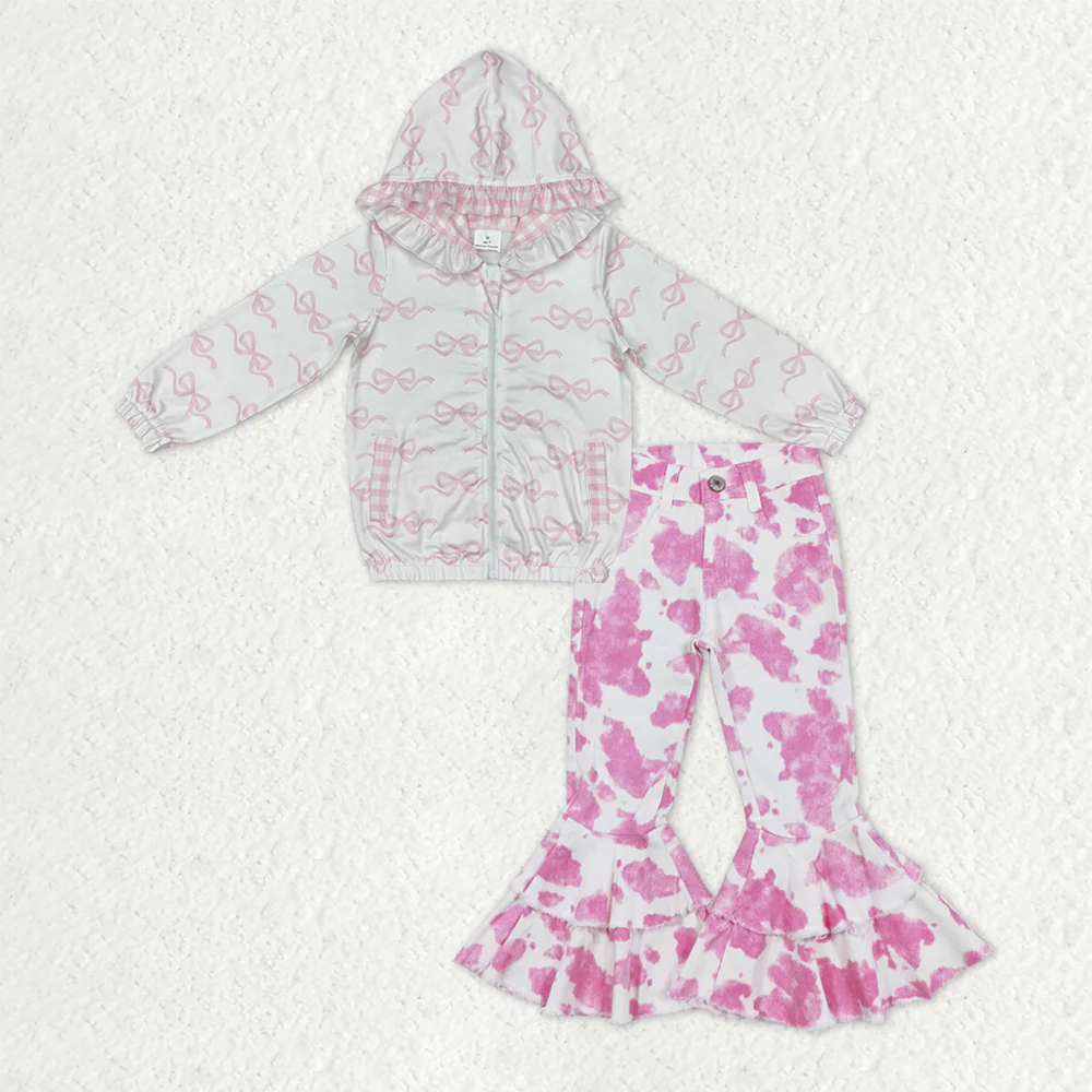 RTS NO MOQ Sibling baby girl clothes Pink and white plaid zip-up hooded long-sleeved top with bow pattern double lace ripped denim trousers sets