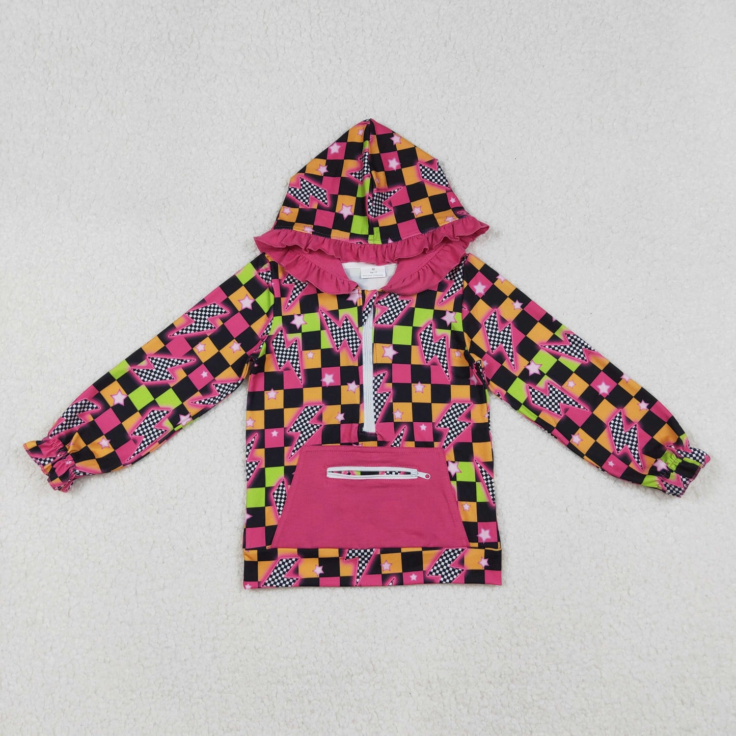 RTS NO MOQ(In Stock) GT1117 Lightning star plaid rose red lace zip-up long-sleeved hooded top