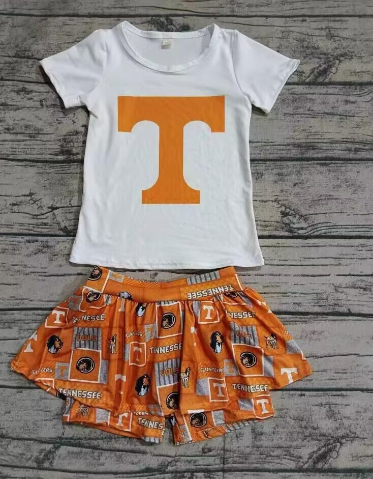 custom moq 3 eta 6-7weeks "Letter T" White Short Sleeve-Orange Irregular Short Skirt Set