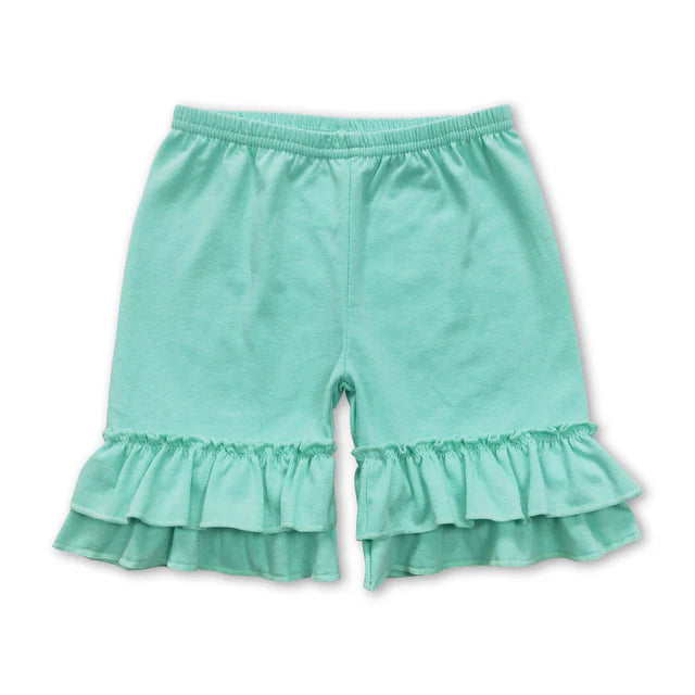 RTS NO MOQ Sibling Baby Girls Summer Light Blue Cotton Double Ruffle Shorts