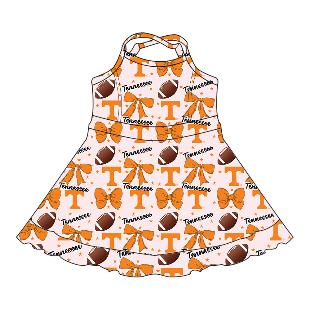 Custom moq 5 mix sizes summer teams baby girls clothes team baseball bow orange sleeveless dress-25.6.14
