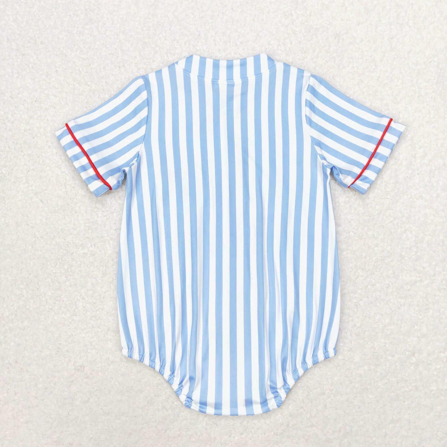 RTS NO MOQ(In Stock) Embroidered baseball blue striped short-sleeved jumpsuit