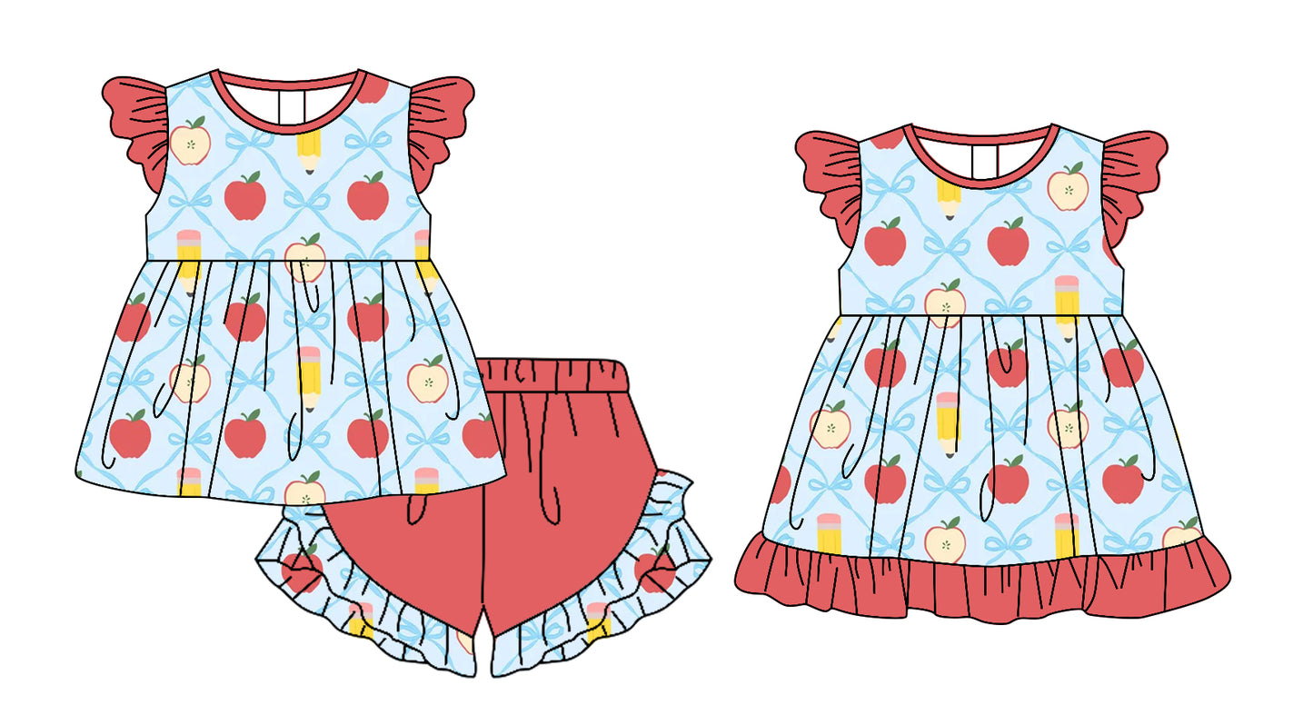 25.12.23 custom each style moq 5 eta 6-8week Sibling Sister apple pencil bow baby short sleeve shorts sets and dress match design