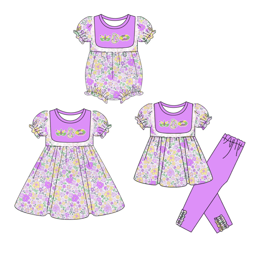 25.10.14 custom each style moq 5 eta 6-8week Sibling Sisters mardi gras floral baby girl short sleeve pants sets and dress and rompers match family design
