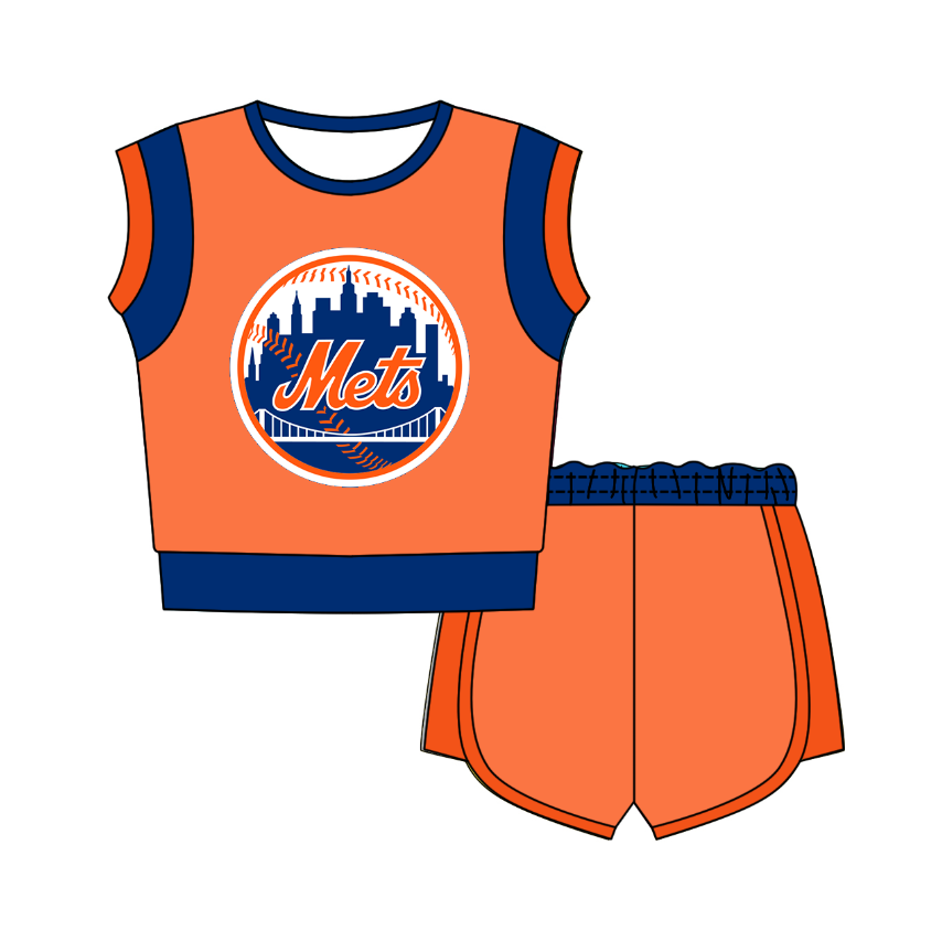 Custom moq 5 mix size milk silk summer teams Orange Sleeveless O-Neck Top And Shorts Set Cute And Comfortable Kids' Outfit