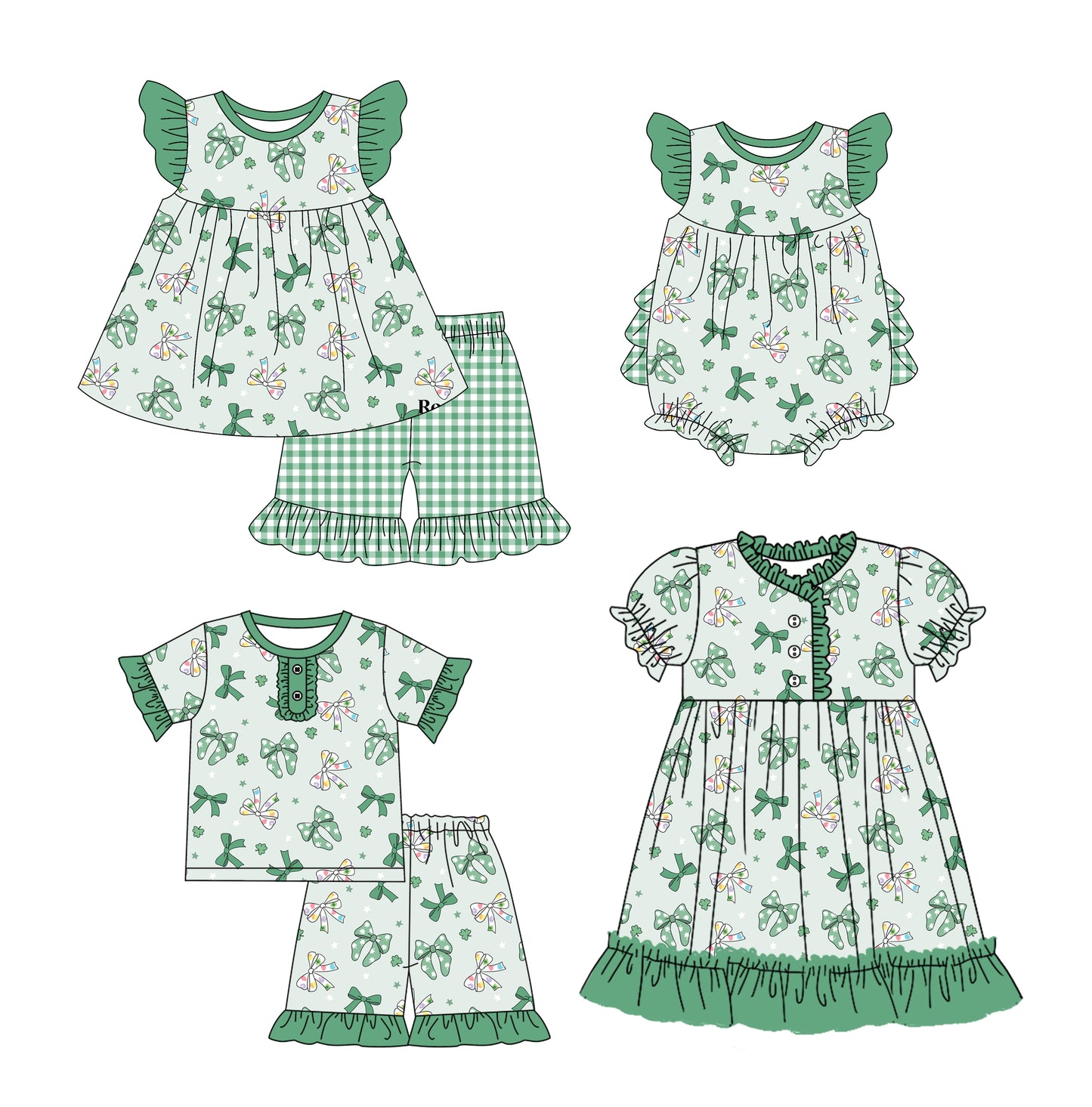 12.10 custom each style moq 5eta 4-6week Sibling Sister bow green baby girl short sleeve shorts sets and sets 2 and girls romper and boy romper and dress match design