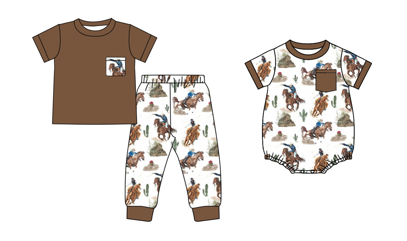 11.1 custom each style moq 5eta 4-6week Sibling Sister riding horse brown baby boys short sleeve sets and rompers match design