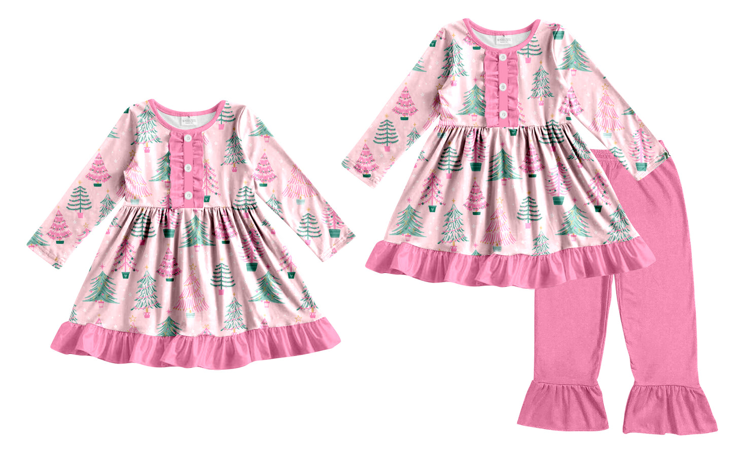 25.8.28 custom each style moq 5eta 4-6week Sibling Sisters Christmas trees pink baby girl long sleeve pants sets and dress match family design