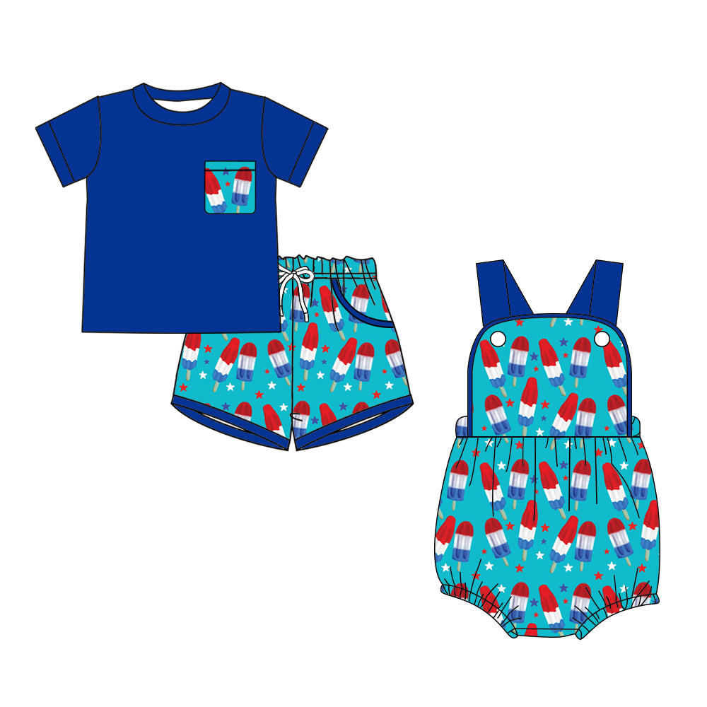 Custom moq 5 mix size Sibling blue Baby Boys Romper Short-Sleeved Top And Shorts 4th of July Set for Infants
